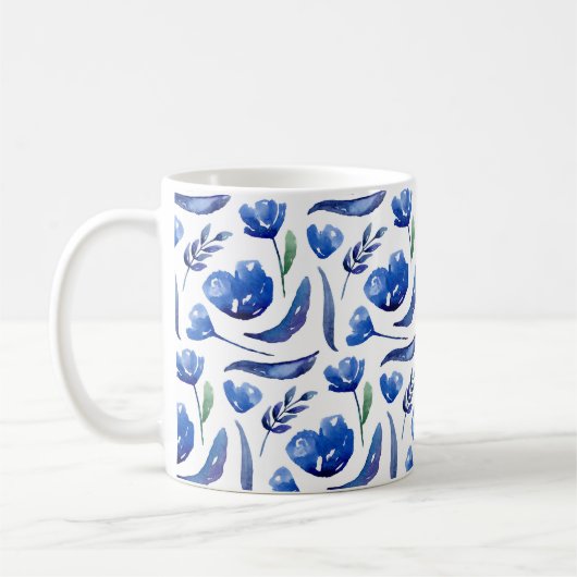 Blauwe bloemen. Marinebloemen. Botanisch vrouwelij Koffiemok (Links)