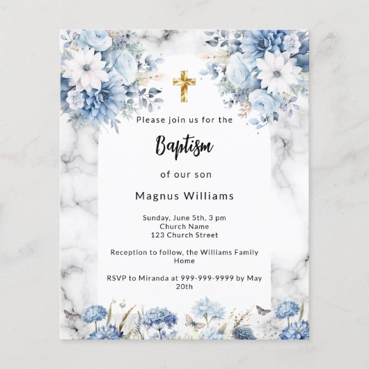 Blauwe bloemen marmeren boog doop uitnodiging (Voorkant)