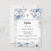 Blauwe bloemen marmeren boog gouden kruis doop kaart (Voorkant)