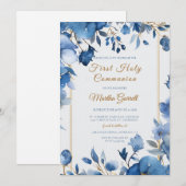 Blauwe bloemen Meisje Eerste Heilige Communie Kaart (Voorkant / Achterkant)