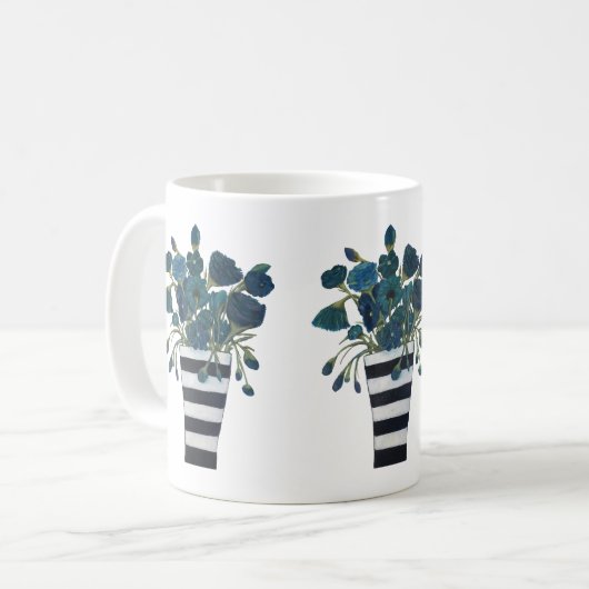 Blauwe bloemen met gestreepte Vase Fine Art Koffiemok (Voorkant links)