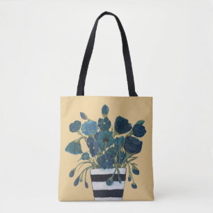 Blauwe bloemen met gestreepte Vase Fine Art Tote Bag