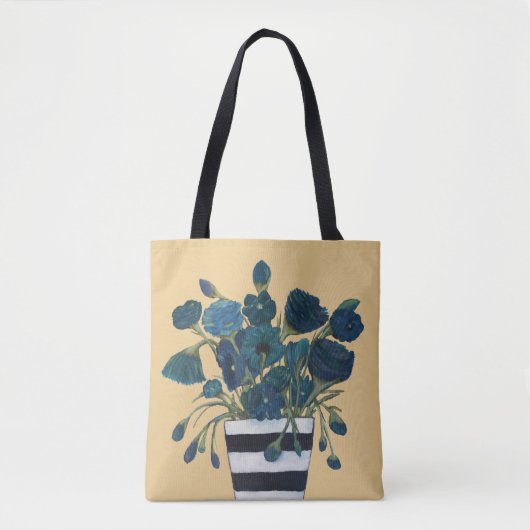 Blauwe bloemen met gestreepte Vase Fine Art Tote Bag (Voorkant)