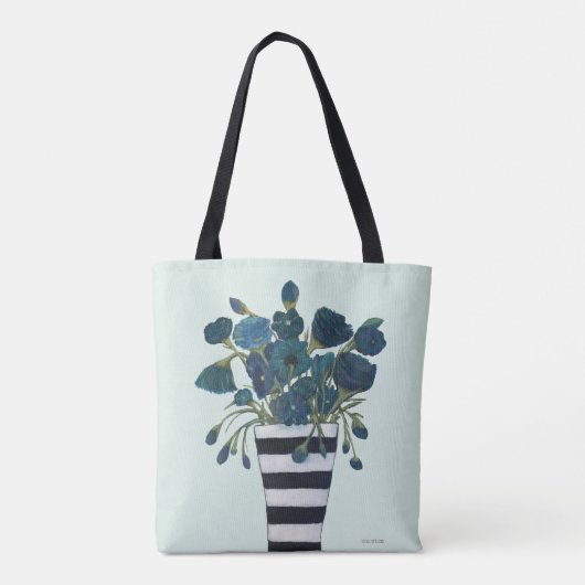 Blauwe bloemen met gestreepte Vase Fine Art Tote Bag (Achterkant)