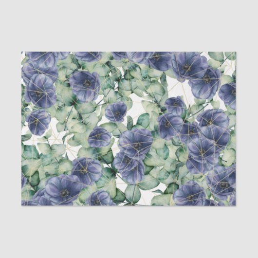 Blauwe bloemen met groene bladeren en goud tissuepapier (Voorkant)