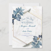 Blauwe bloemen met marmeren bruiloft aankondiging (Voorkant)