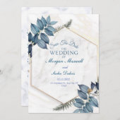Blauwe bloemen met marmeren bruiloft aankondiging (Voorkant / Achterkant)