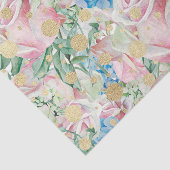 Blauwe bloemen met roze rozen en gouden Stippen Tissuepapier (Detail)