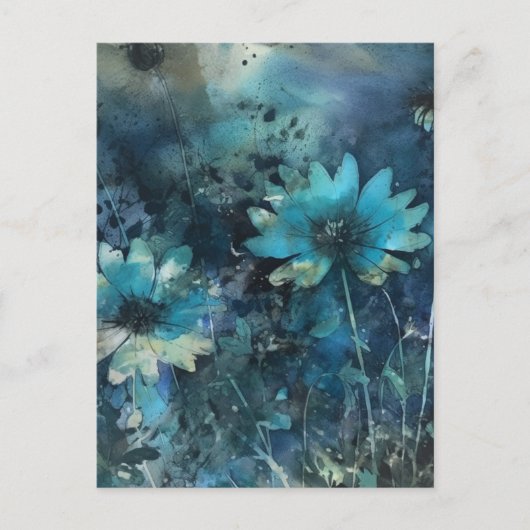Blauwe Bloemen Mixed Media Briefkaart (Voorkant)