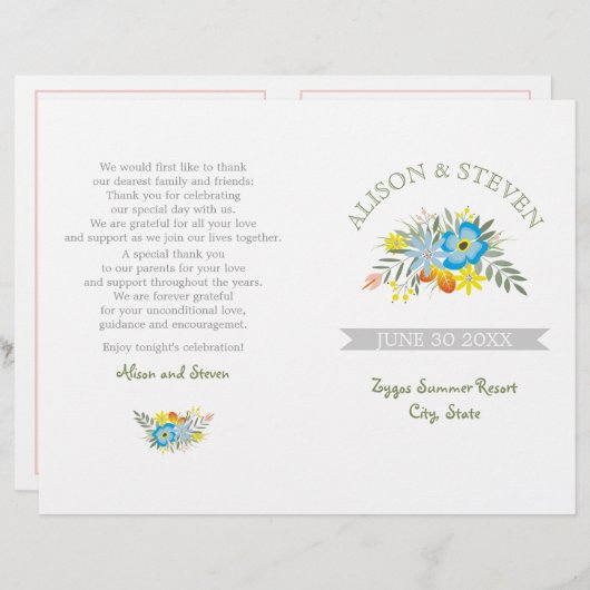 Blauwe bloemen modern bloemetjestrouwprogramma (Voorkant / Achterkant)