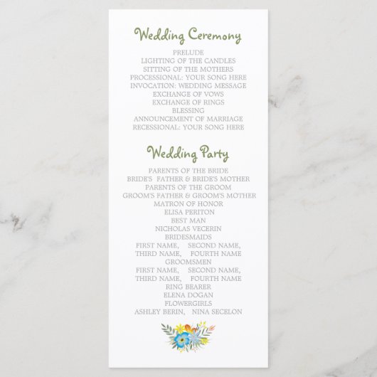 Blauwe bloemen modern bloemetjestrouwprogramma programmakaart (Achterkant)