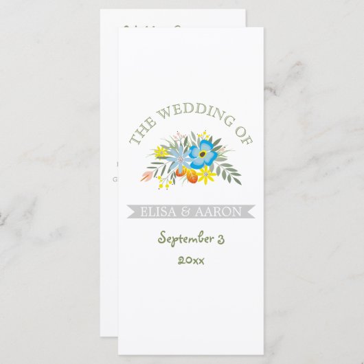 Blauwe bloemen modern bloemetjestrouwprogramma programmakaart (Voorkant / Achterkant)