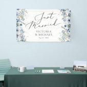 Blauwe bloemen modern net getrouwd spandoek (Beurs)