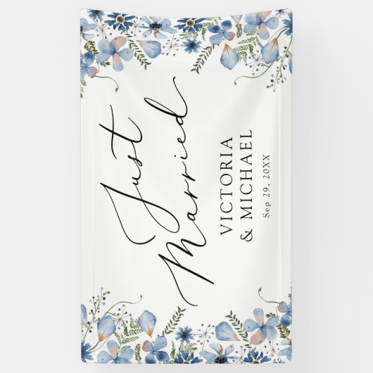 Blauwe bloemen modern net getrouwd spandoek (Verticaal)