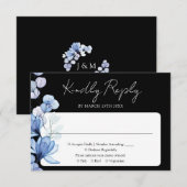 Blauwe Bloemen Monogram Zwart Wit Bruiloft RSVP Kaartje (Voorkant / Achterkant)