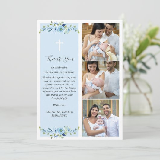 Blauwe Bloemen Multifoto Doop voor Jongens Dank U Bedankkaart (Staand voorkant)