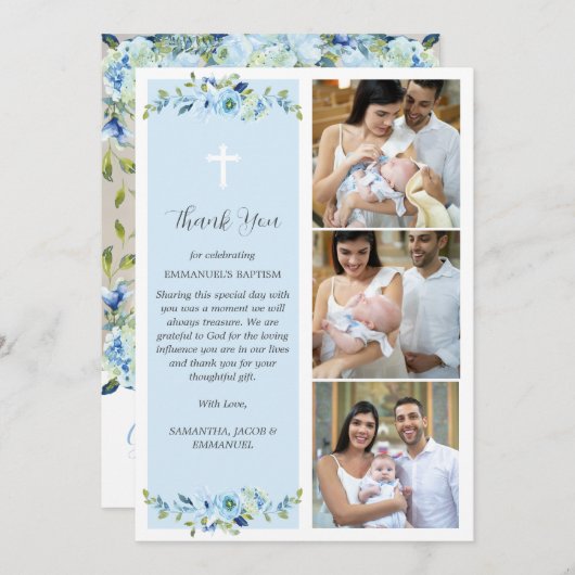 Blauwe Bloemen Multifoto Doop voor Jongens Dank U Bedankkaart (Voorkant / Achterkant)