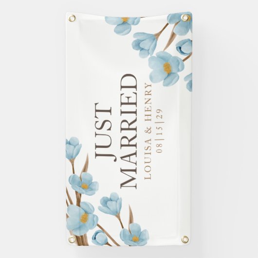 Blauwe bloemen net getrouwd auto banner (Verticaal)