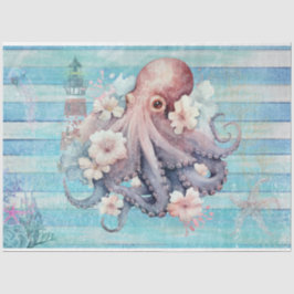 Blauwe Bloemen Octopus Decoupage Papier: Nautisch Tissuepapier