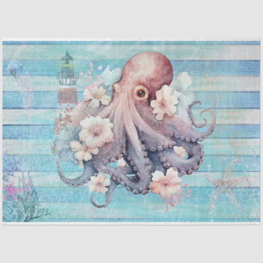 Blauwe Bloemen Octopus Decoupage Papier: Nautisch Tissuepapier (Voorkant)