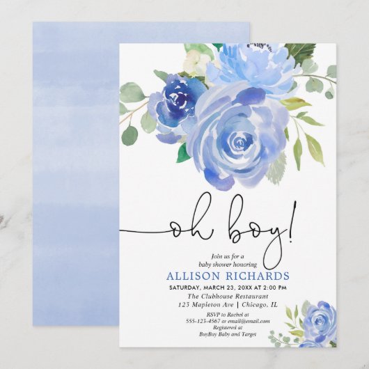Blauwe bloemen Oh boy baby shower Kaart (Voorkant / Achterkant)