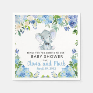 Blauwe bloemen, olifant en baby shower van bogen servet