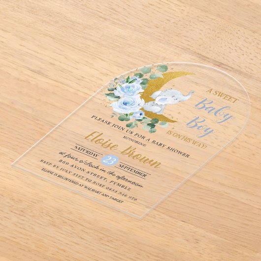 Blauwe Bloemen Olifant Maan Baby Boy Douche Arch Acryl Uitnodigingen (Laagn)