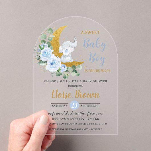 Blauwe Bloemen Olifant Maan Baby Boy Douche Arch Acryl Uitnodigingen (Insitu (Draagbaar))