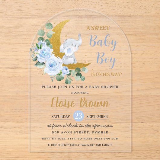 Blauwe Bloemen Olifant Maan Baby Boy Douche Arch Acryl Uitnodigingen (Voorkant)