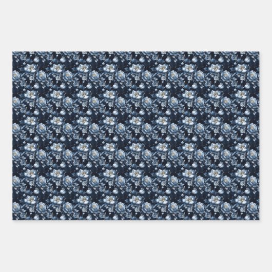 Blauwe bloemen op donkerblauw inpakpapier vel (Voorkant)