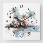 Blauwe bloemen op een boomstam drijvend op water vierkante klok (Voorkant)