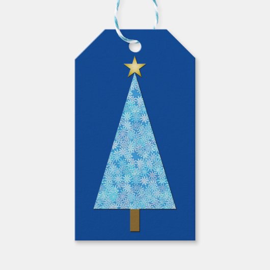 Blauwe bloemen op een moderne kerstboom cadeaulabel (Voorkant)
