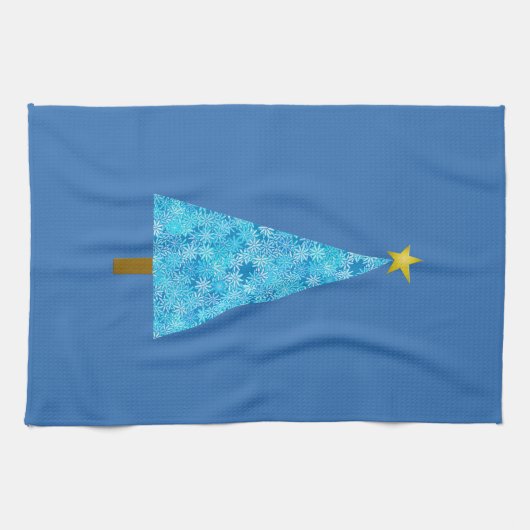 Blauwe bloemen op een moderne kerstboom theedoek (Horizontaal)