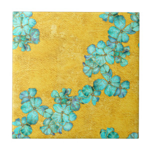 Blauwe bloemen op gele achtergrond tegeltje