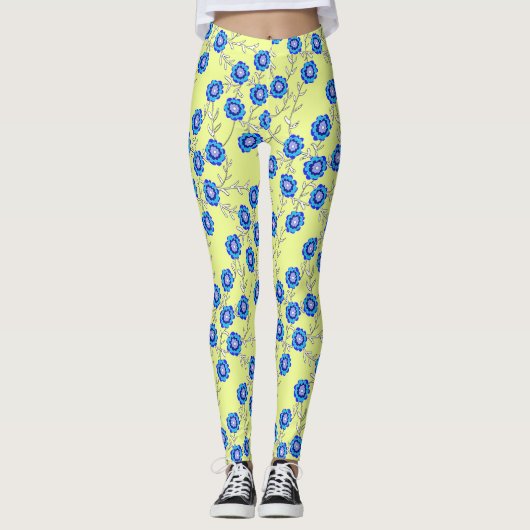 Blauwe Bloemen op Gele Leggings (Voorkant)