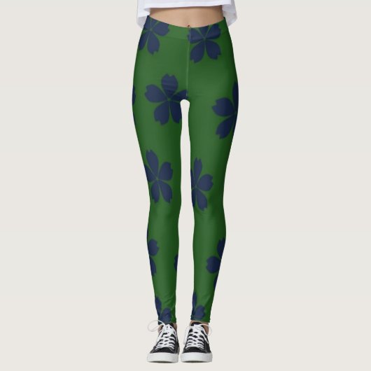 Blauwe bloemen op groenachtige achtergrond leggings (Voorkant)