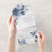 Blauwe Bloemen op Noodlijdend Wit met QR Code All In One Uitnodiging (Afscheurbaar)