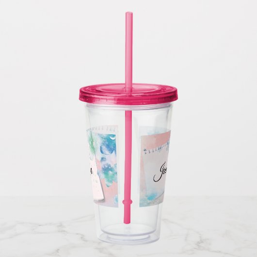  blauwe bloemen op roze achtergrond acryl drinkbeker (Rechts)