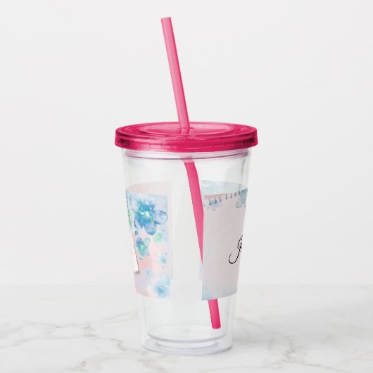  blauwe bloemen op roze achtergrond acryl drinkbeker (Links)