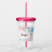  blauwe bloemen op roze achtergrond acryl drinkbeker (Voorkant)