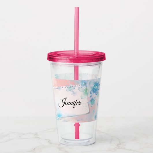  blauwe bloemen op roze achtergrond acryl drinkbeker (Voorkant)