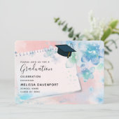 Blauwe Bloemen op Roze Achtergrond Afstuderen Kaart (Staand voorkant)