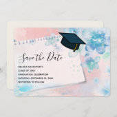  Blauwe Bloemen op Roze Achtergrond Afstuderen Save The Date (Voorkant / Achterkant)