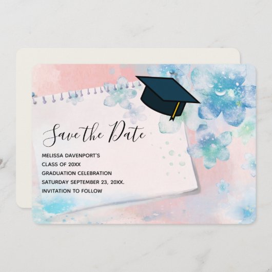  Blauwe Bloemen op Roze Achtergrond Afstuderen Save The Date (Voorkant / Achterkant)