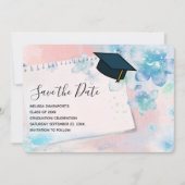  Blauwe Bloemen op Roze Achtergrond Afstuderen Save The Date (Voorkant)