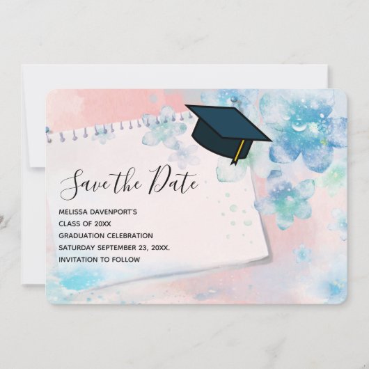  Blauwe Bloemen op Roze Achtergrond Afstuderen Save The Date (Voorkant)