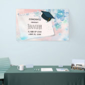 Blauwe Bloemen op Roze Achtergrond Afstuderen Spandoek (Beurs)