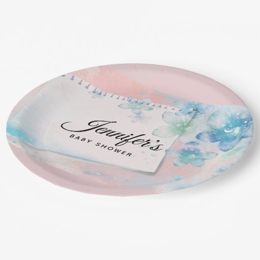 Blauwe Bloemen op Roze Achtergrond Baby shower Papieren Bordje (Gekanteld)