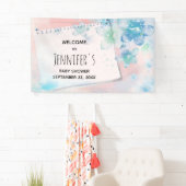 Blauwe Bloemen op Roze Achtergrond Baby shower Spandoek (Insitu)