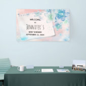 Blauwe Bloemen op Roze Achtergrond Baby shower Spandoek (Beurs)